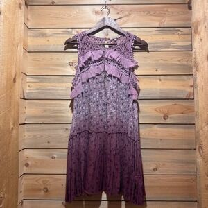 Gimmick by BKE Purple Floral Crochet Lace Ruffle Boho Mini Dress Large GMK18590A